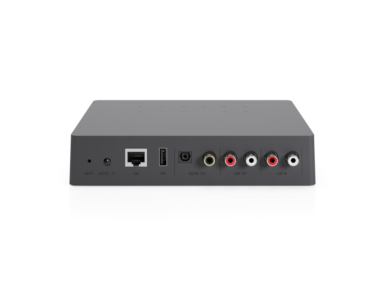 Medienplayer, AV-Receiver, RCA-Anschlüsse, LAN USB, schwarze Gehäuse