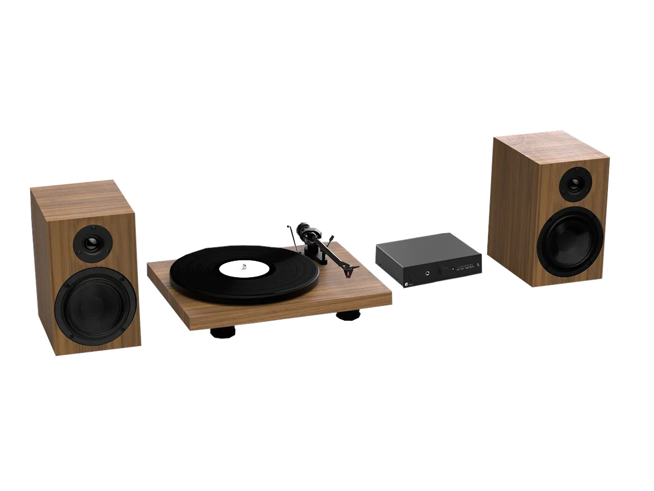 Plattenspieler, Hifi-System, Holzfinish, Lautsprecher, Verstärker