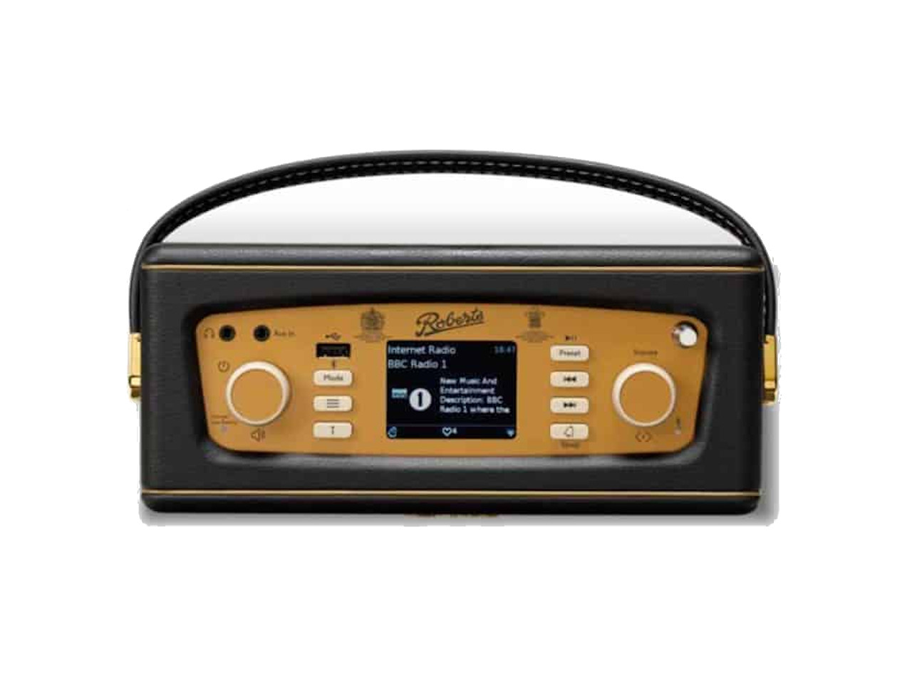 Portableradio, Kompakt-Radio, goldene Frontplatte, Trageetui, schwarze Lederhülle