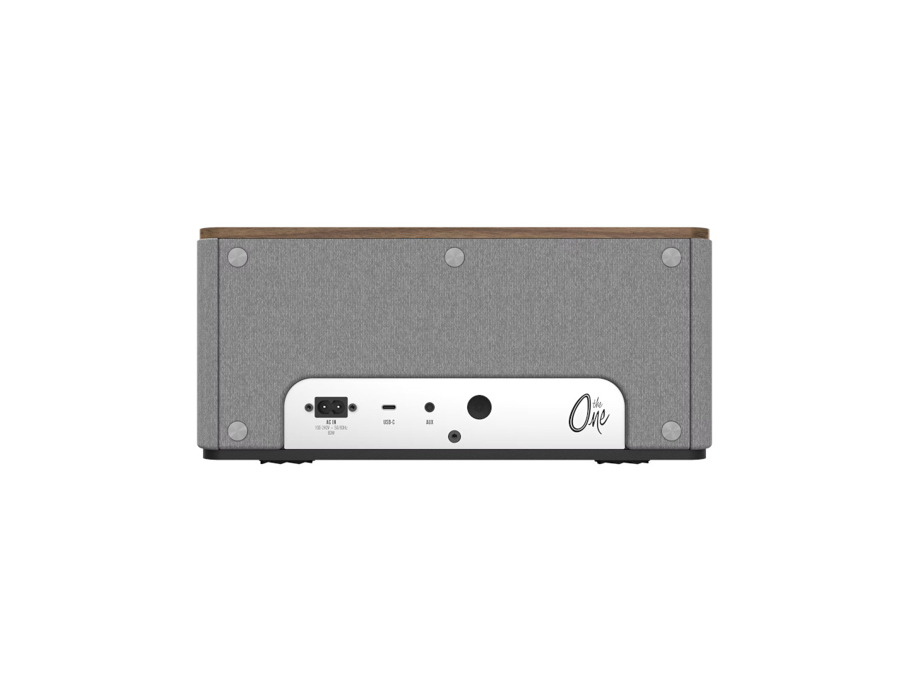 Bluetooth-Lautsprecher, Holzoberseite, Stoffgehäuse, Silberne Blende, Rückansicht