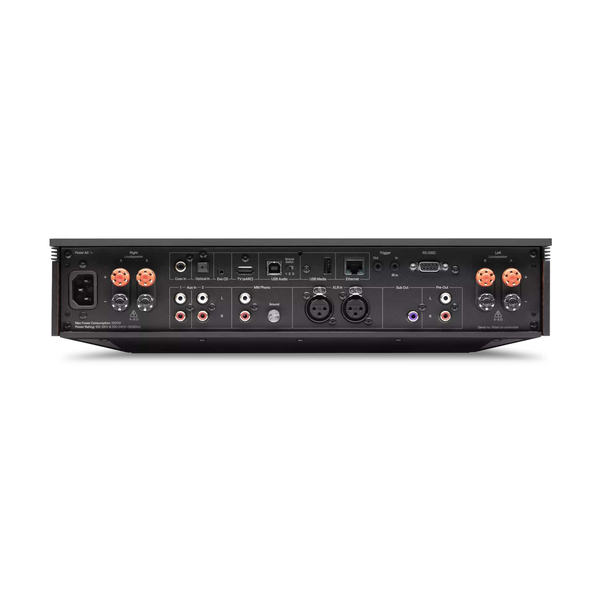 Rack-mountable, Audiogerät, Rückseite, XLR-Eingänge, RCA-Anschlüsse