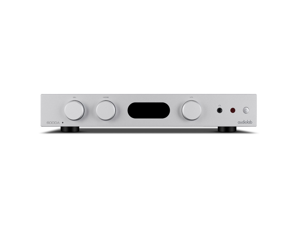 stereo-Verstärker, integrierter Verstärker, silbernes Frontpanel, Knopfregler, Audiolab-Design