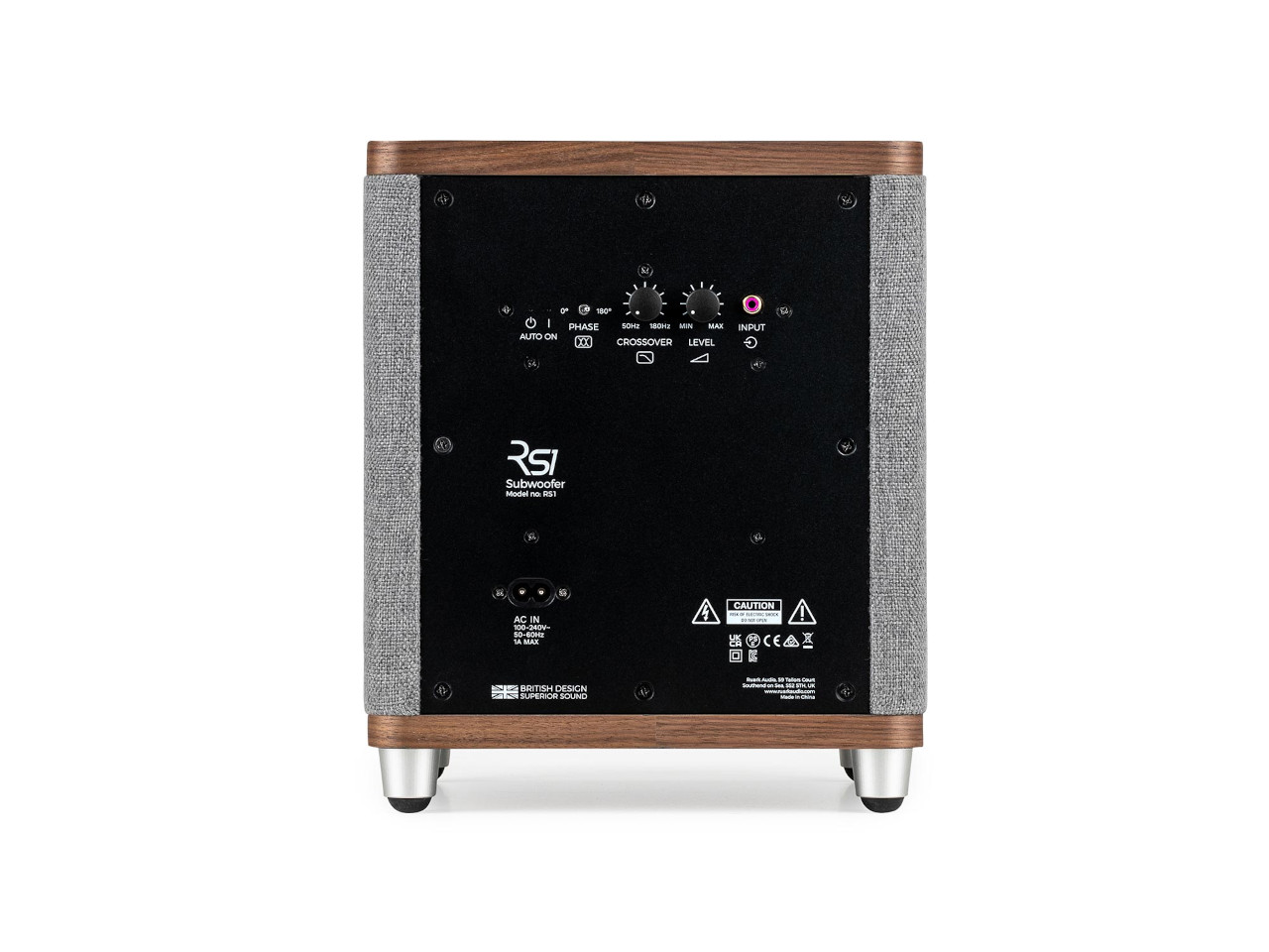 Subwoofer, Holzgehäuse, Graue Gewebeseiten, Rückseite Lautsprecher, Netzeingang