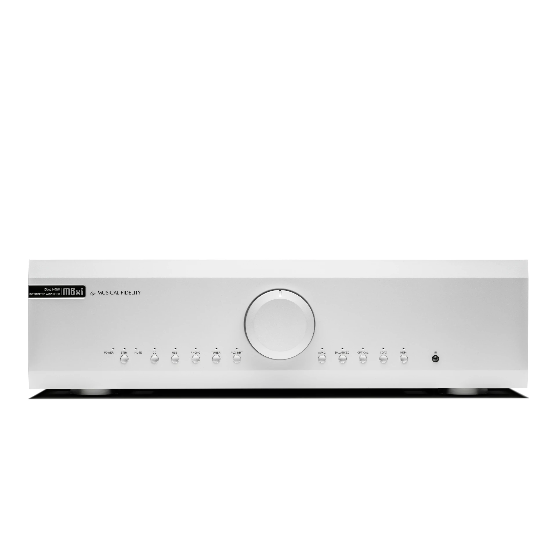 stereo empfänger, silbernes frontpanel, bedienknöpfe, großer lautstärk regler, tastenfeld