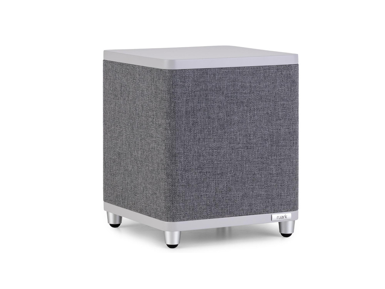 Subwoofer, Grau Stoff, Kubusform, Weißer Deckel, Metallfüße