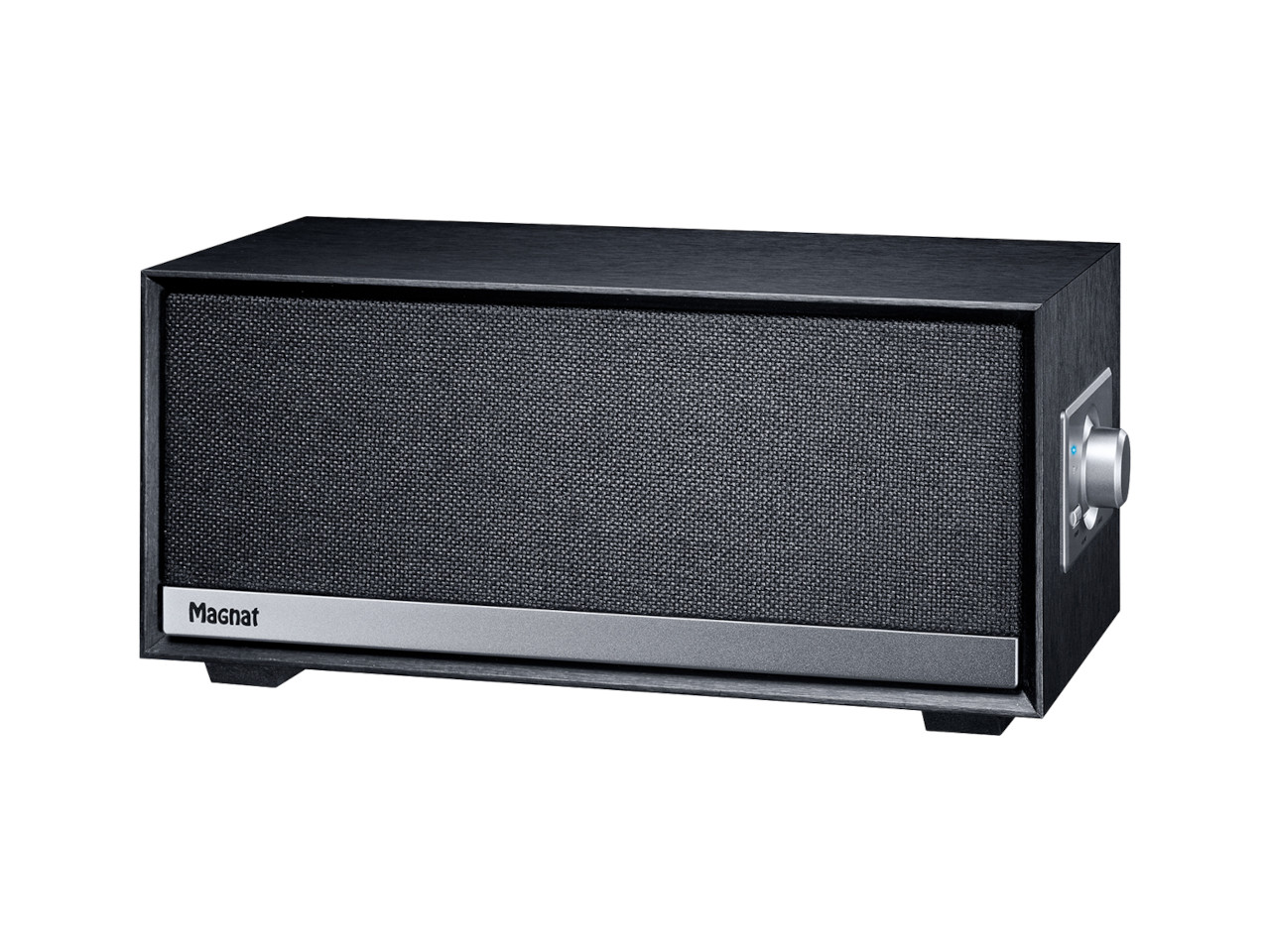 box speaker, stereo receiver, black wood, knob control, Magnat brand label