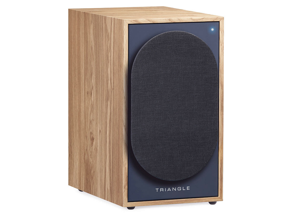 Subwoofer, Holzgehäuse, schwarzes Stoffgitter, abgerundete Kante, blaues Frontpanel