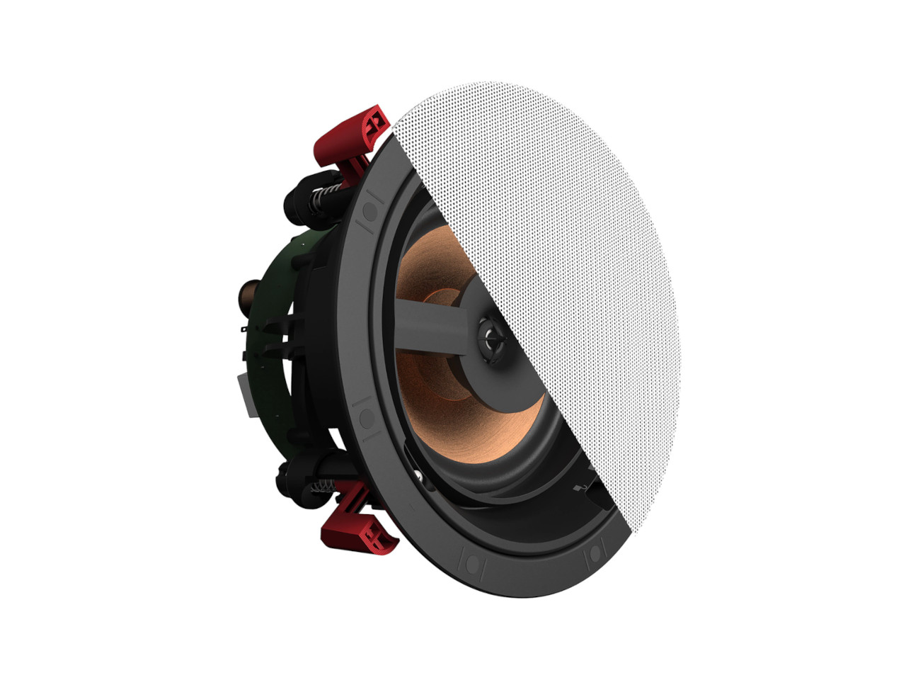 in-wall speaker, built-in speaker, round speaker, copper woofer, metal grille