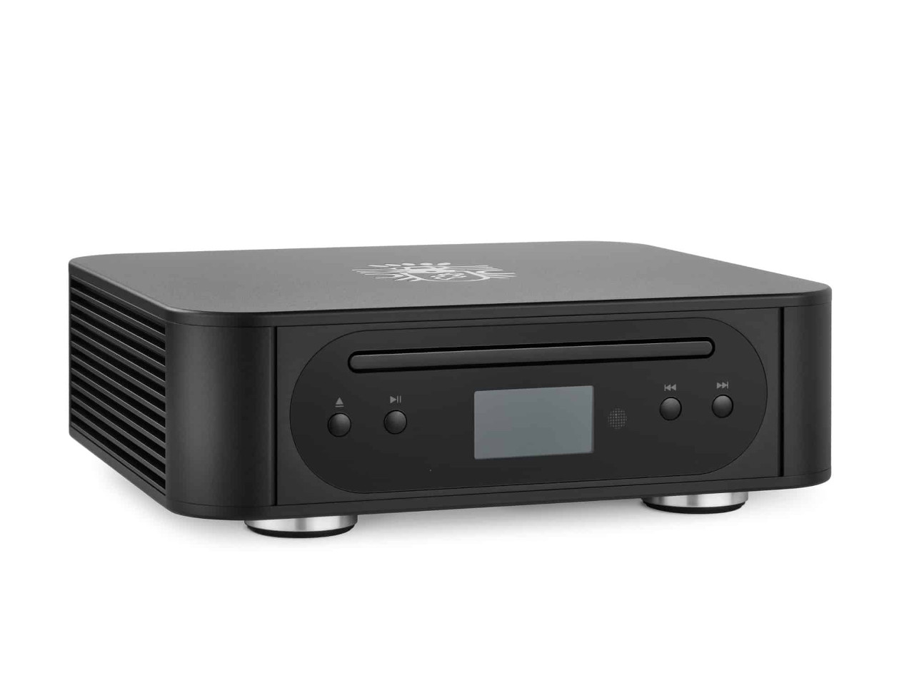 Netzwerk-Player, Audio-Verstärker, schwarzes Gerät, CD/DVD-Schlitz, digitales Display
