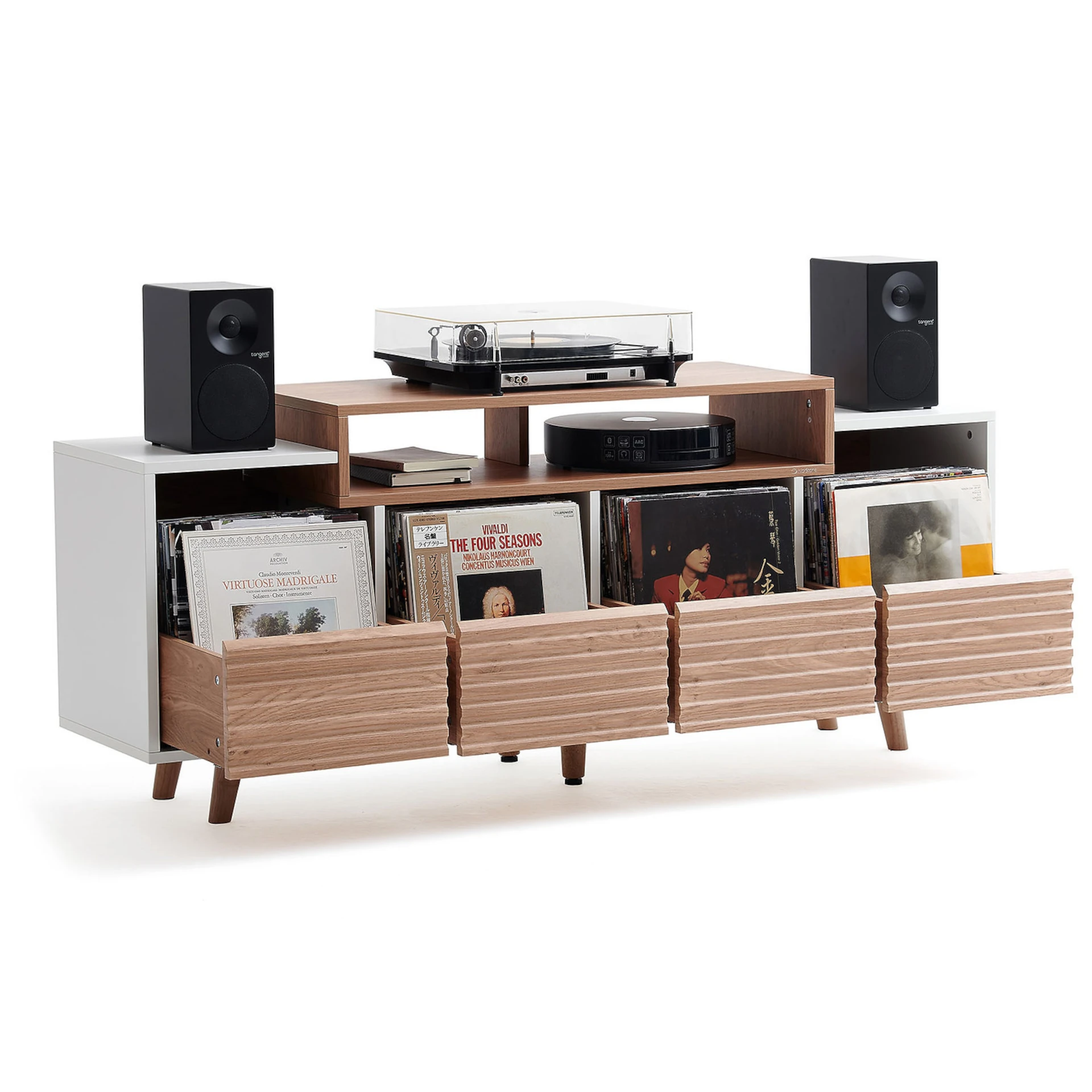 Hi-Fi Konsole, Vinyl-Aufbewahrung, Schallplatten-Stand, Holzschrank, Lautsprecher-Set