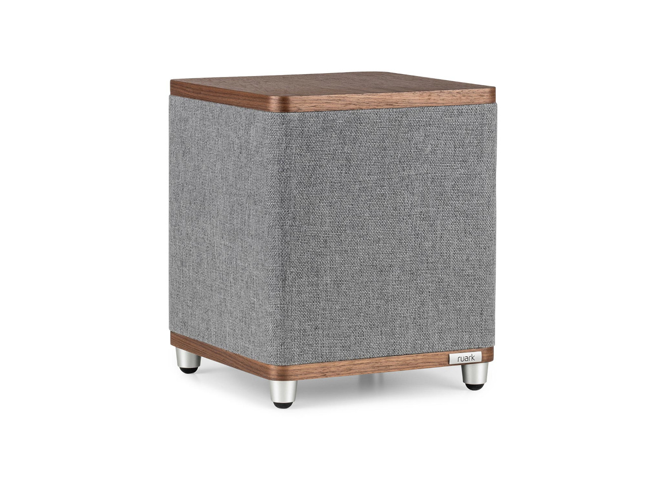 subwoofer, Holzoberfläche, Stoffbezug, Silberfüße, Ruark