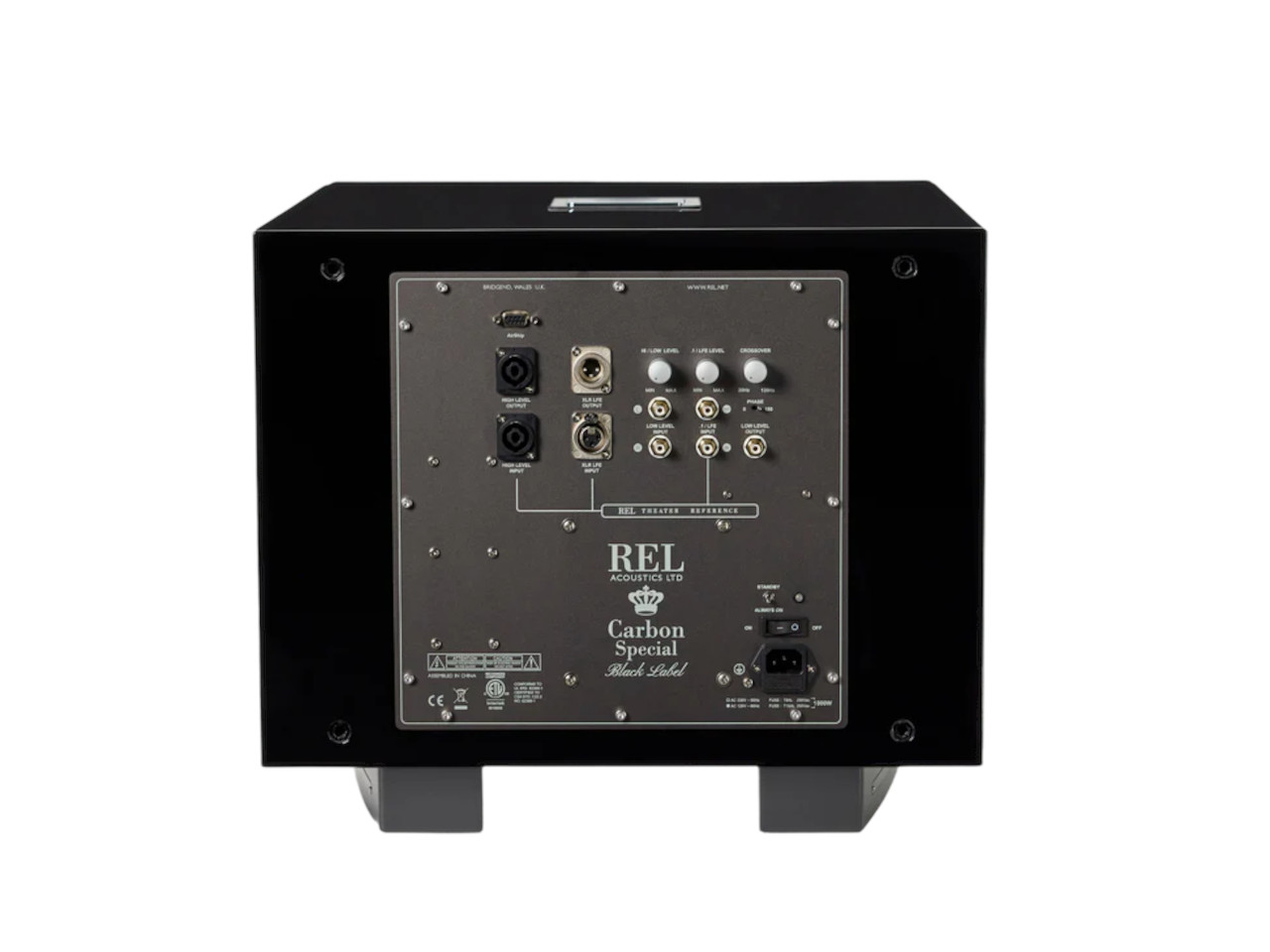 subwoofer, Verstärker, schwarzes Gehäuse, Rückseite, R.E.L. Carbon Special