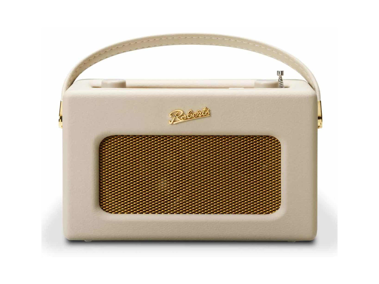 Tragbarer Lautsprecher, Beige, Kompakt, Schwarz-Goldene Mesh-Grill?, Tragegriff