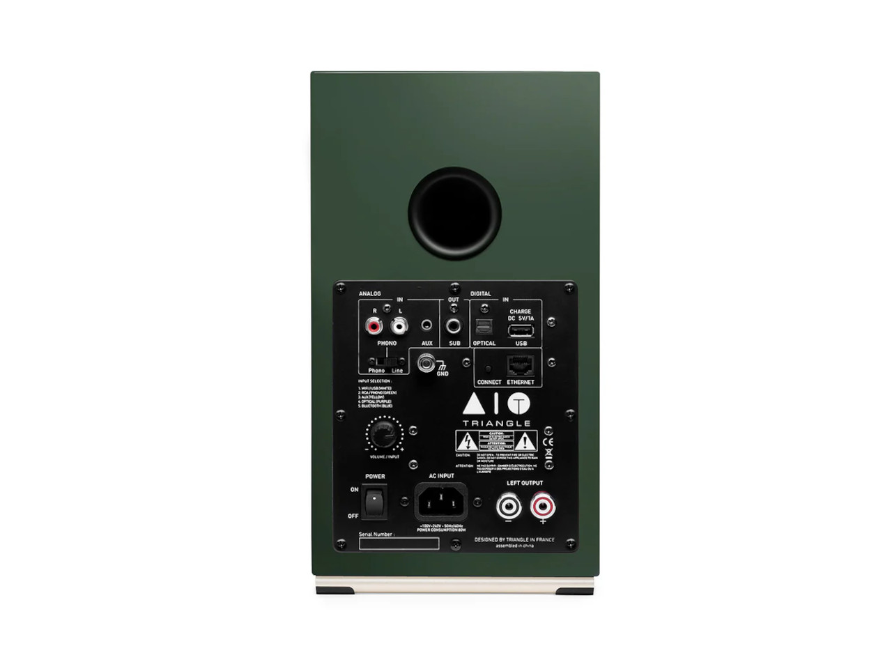 Lautsprecher, Rückseite Panel, grüner Kasten, Audioanschlüsse, RCA, USB, Ethernet, Netzanschluss, Lautstärkeregler, Hergestellt in Frankreich