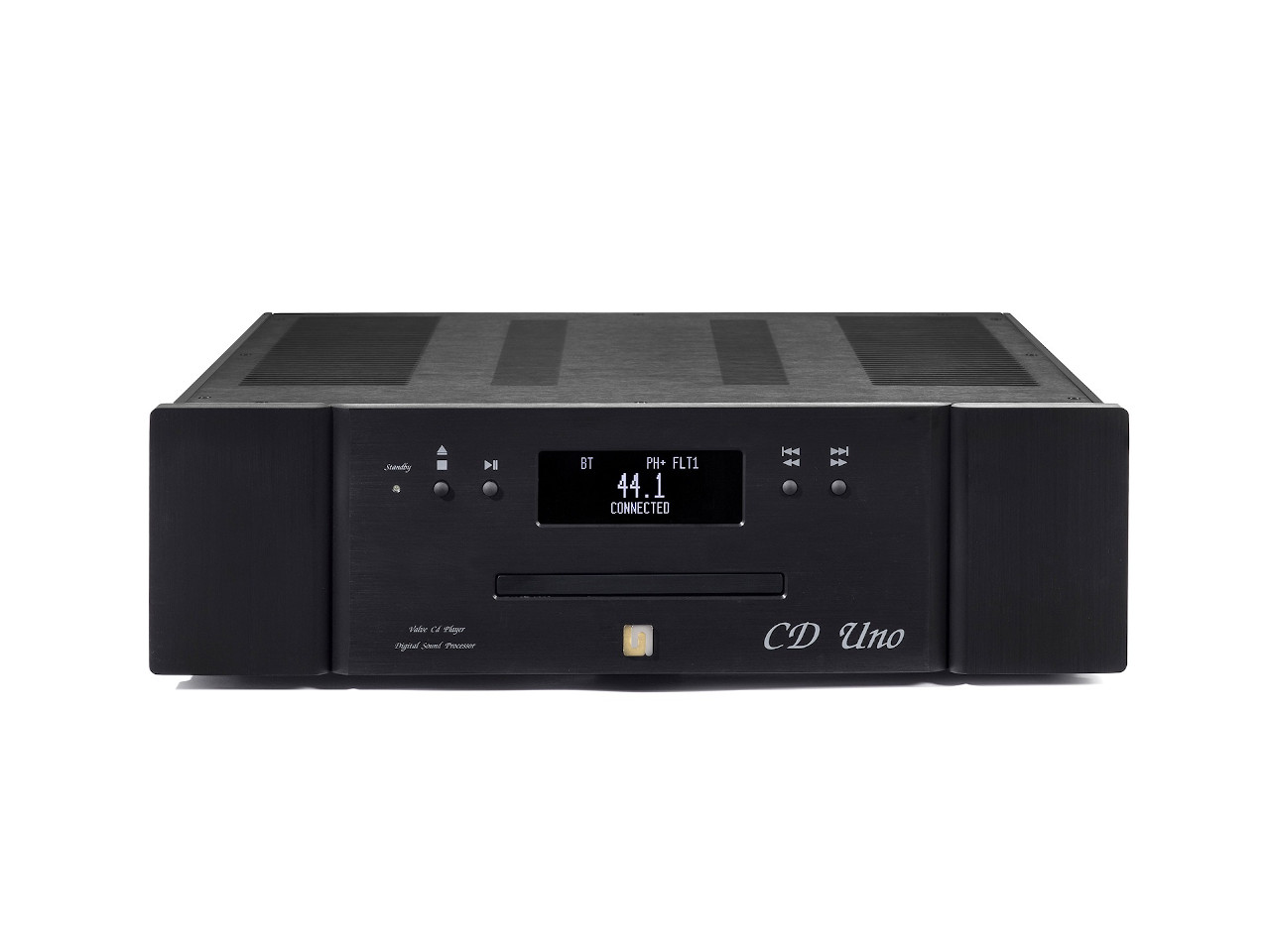 CD-Player, digitaler Prozessor, Vorderdisplay, schwarzes Metall, Stereo-Komponente