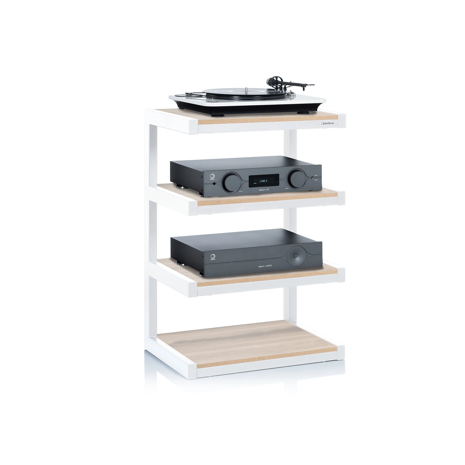 HiFi-Rack, Plattenspieler, weißes Gestell, Holzböden, Audioverstärker