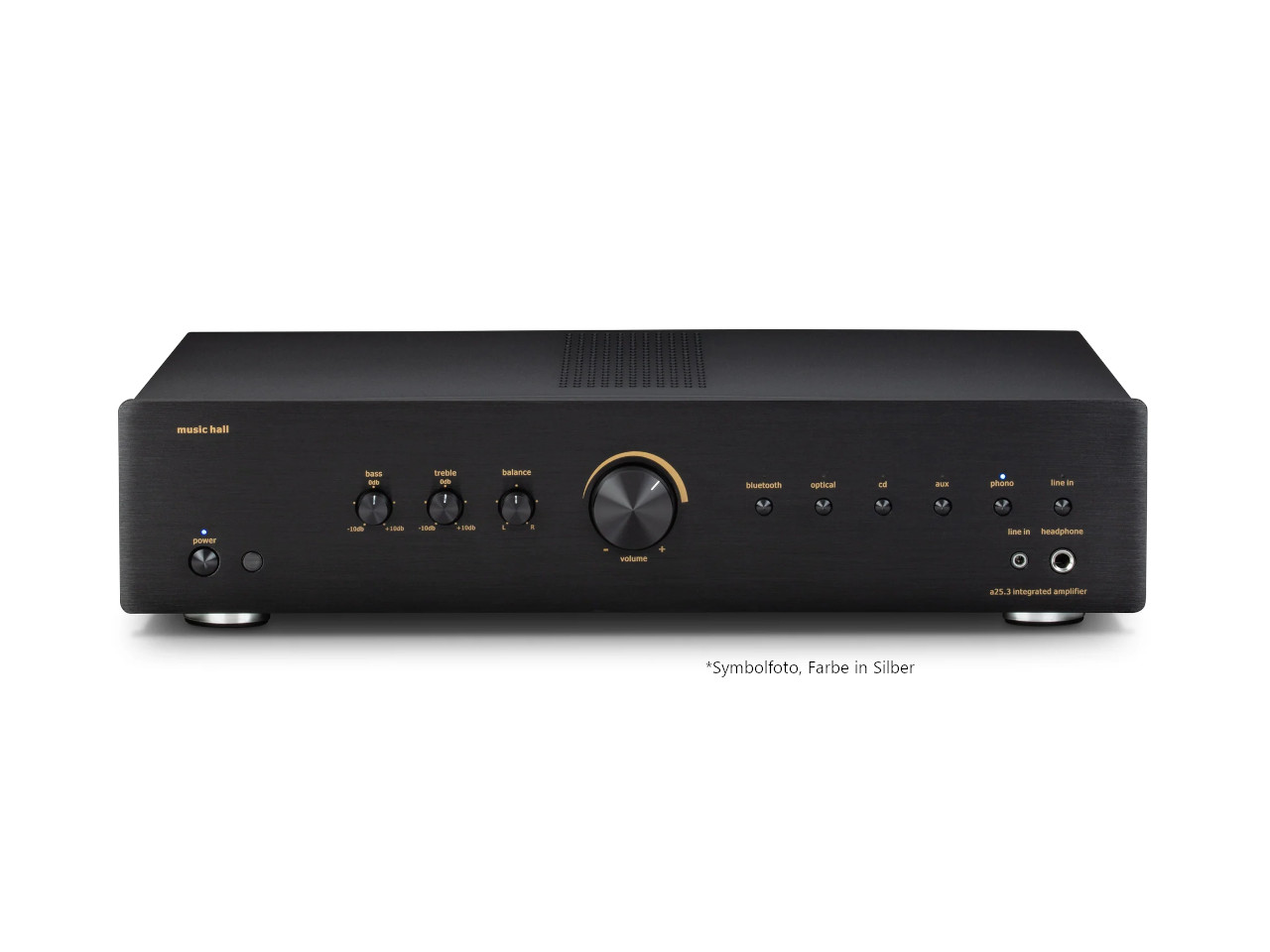 stereo-Verstärker, Hi-Fi-Verstärker, schwarzes Metallgehäuse, Lautstärkeregler, Eingangs-Auswahl