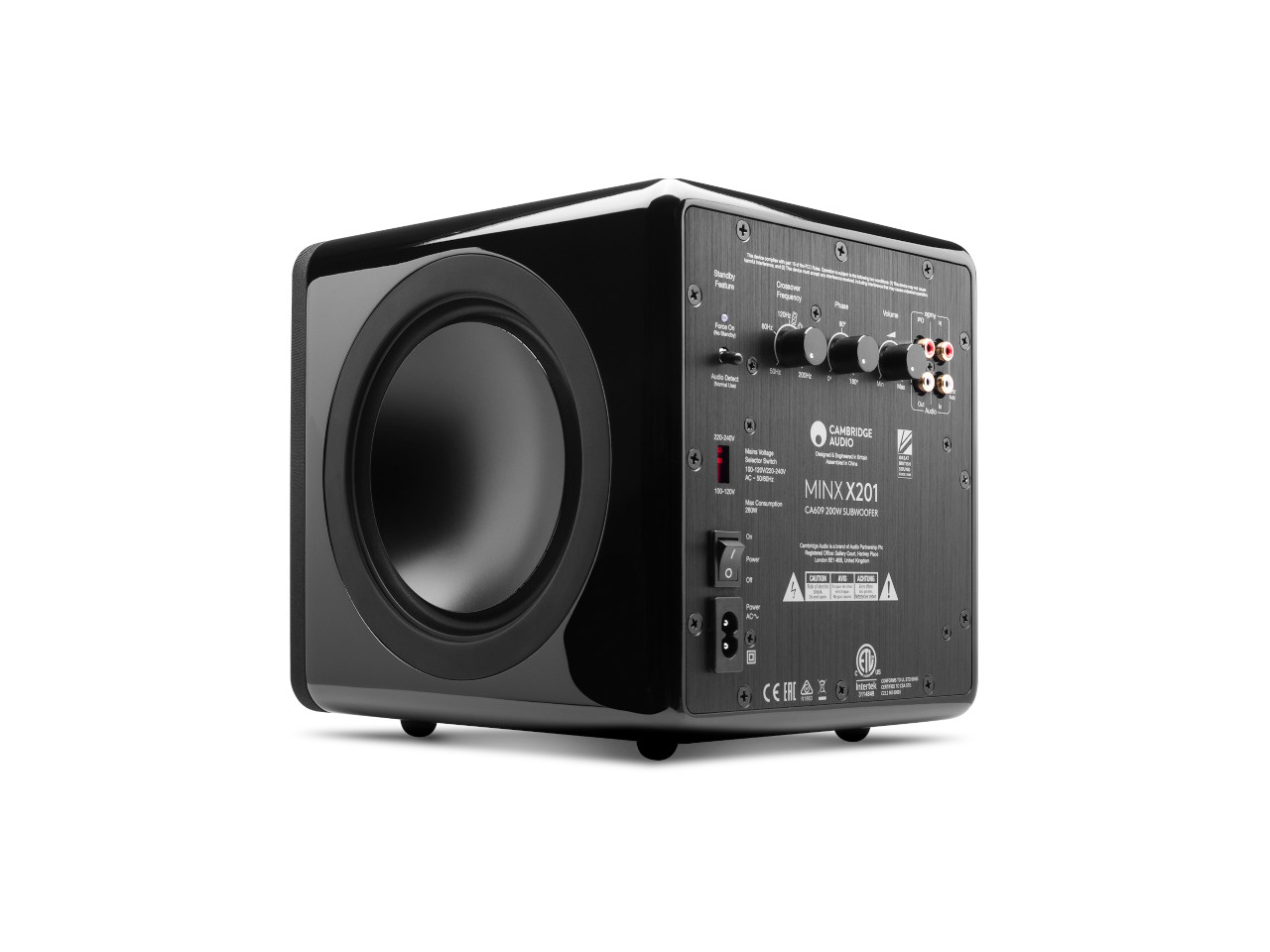 subwoofer, aktiver Lautsprecher, schwarz, vorderes Panel, anschlüsse