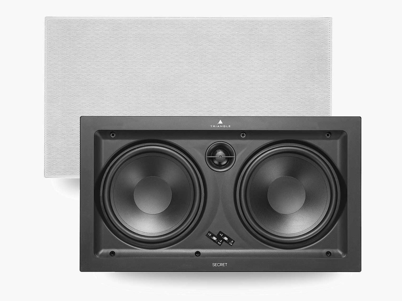 subwoofer, dual woofer, floor speaker, triangular logo, grille panel