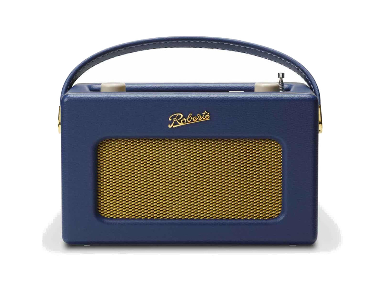 radio, portabler Lautsprecher, blau, goldenes Netzgewebe, Tragegriff