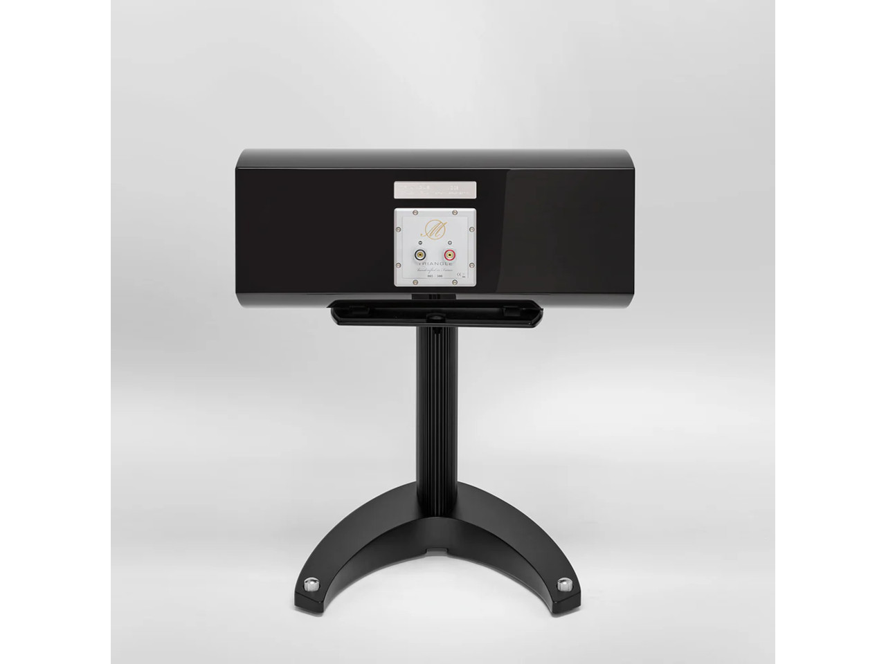 Stereo-Verstärker, Silberne Paneele, Bedienfeld, schwarzes Gehäuse, Stativfuß