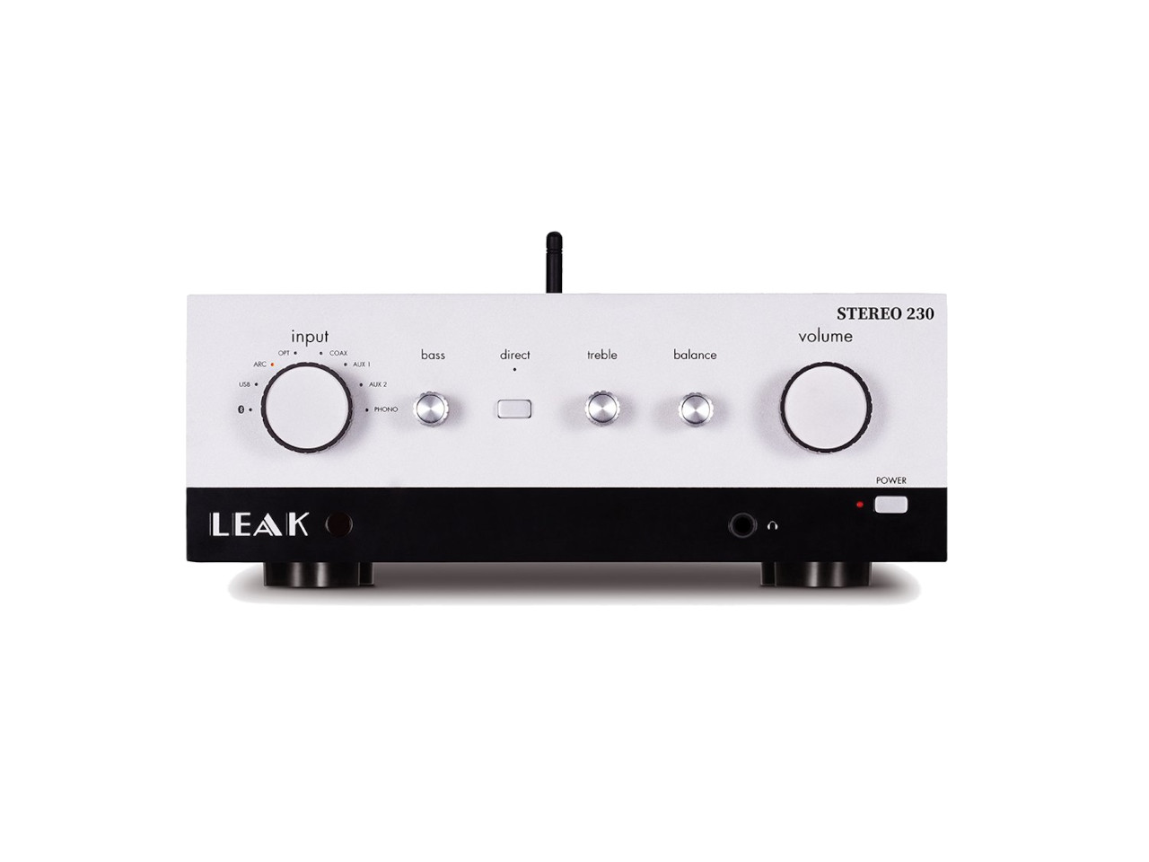 stereo-Verstärker, Audio-Verstärker, Lautstärkeregler, weiße Frontplatte, schwarze Basis
