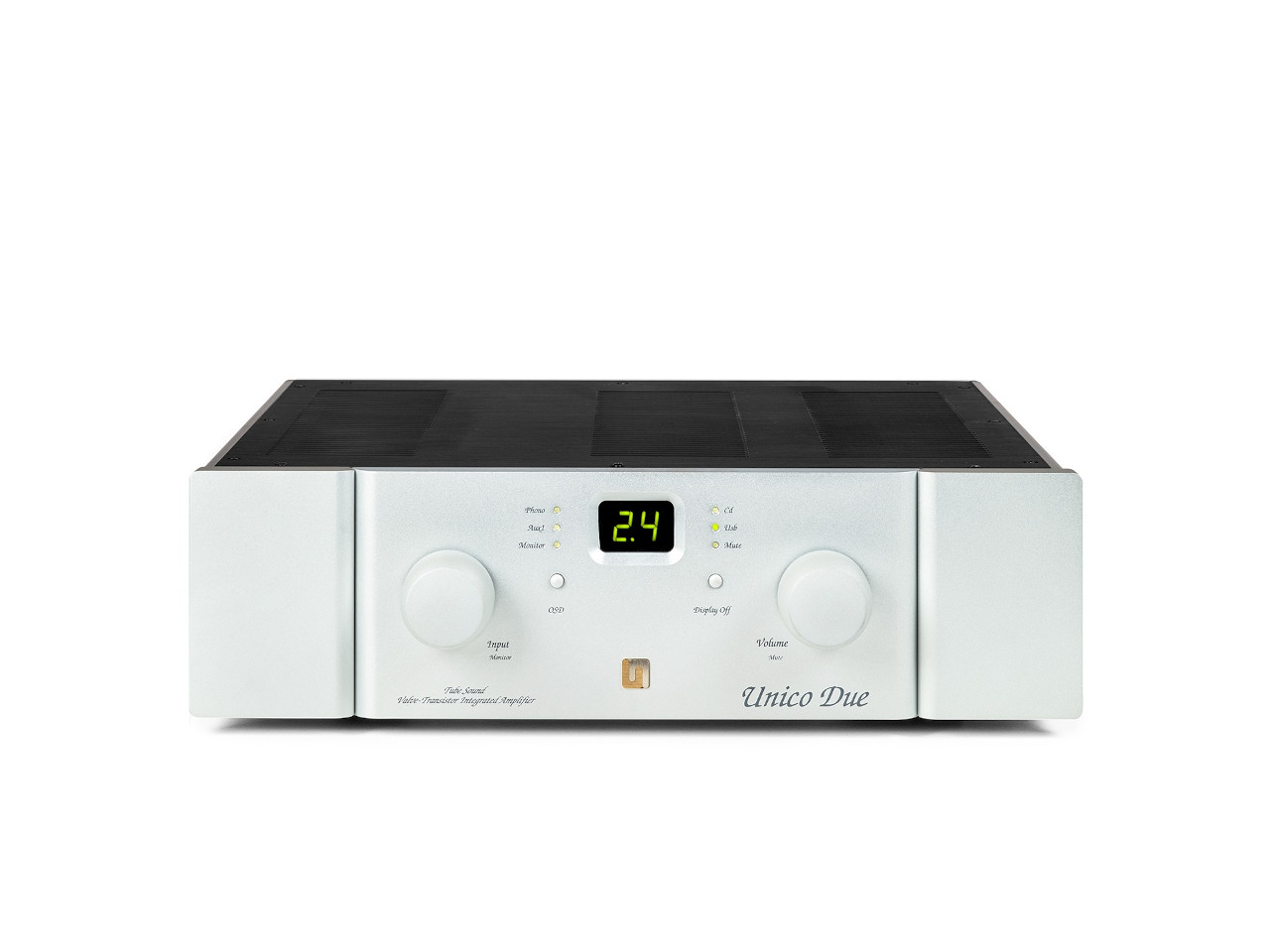 stereo, Verstärker, silber, Digitalanzeige, großer Drehknopf