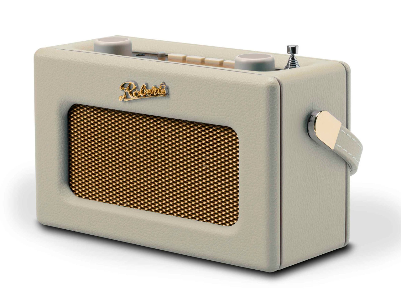 portabler Lautsprecher, Bluetooth-Lautsprecher, beige Gehäuse, goldenes Gitter, Lederstruktur