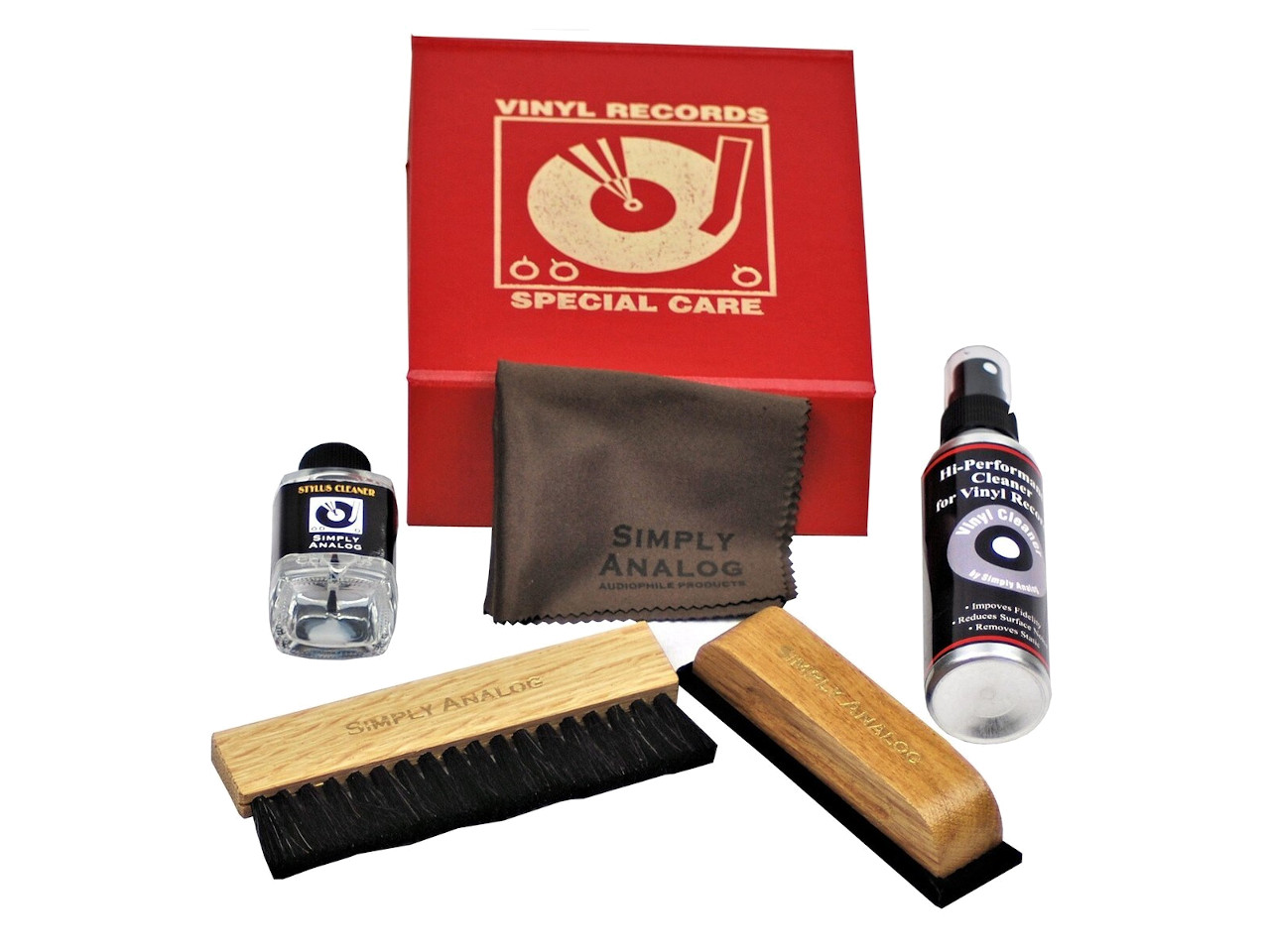 vinyl care kit, reiniger spray, bürste, holz kamm, faser tuch