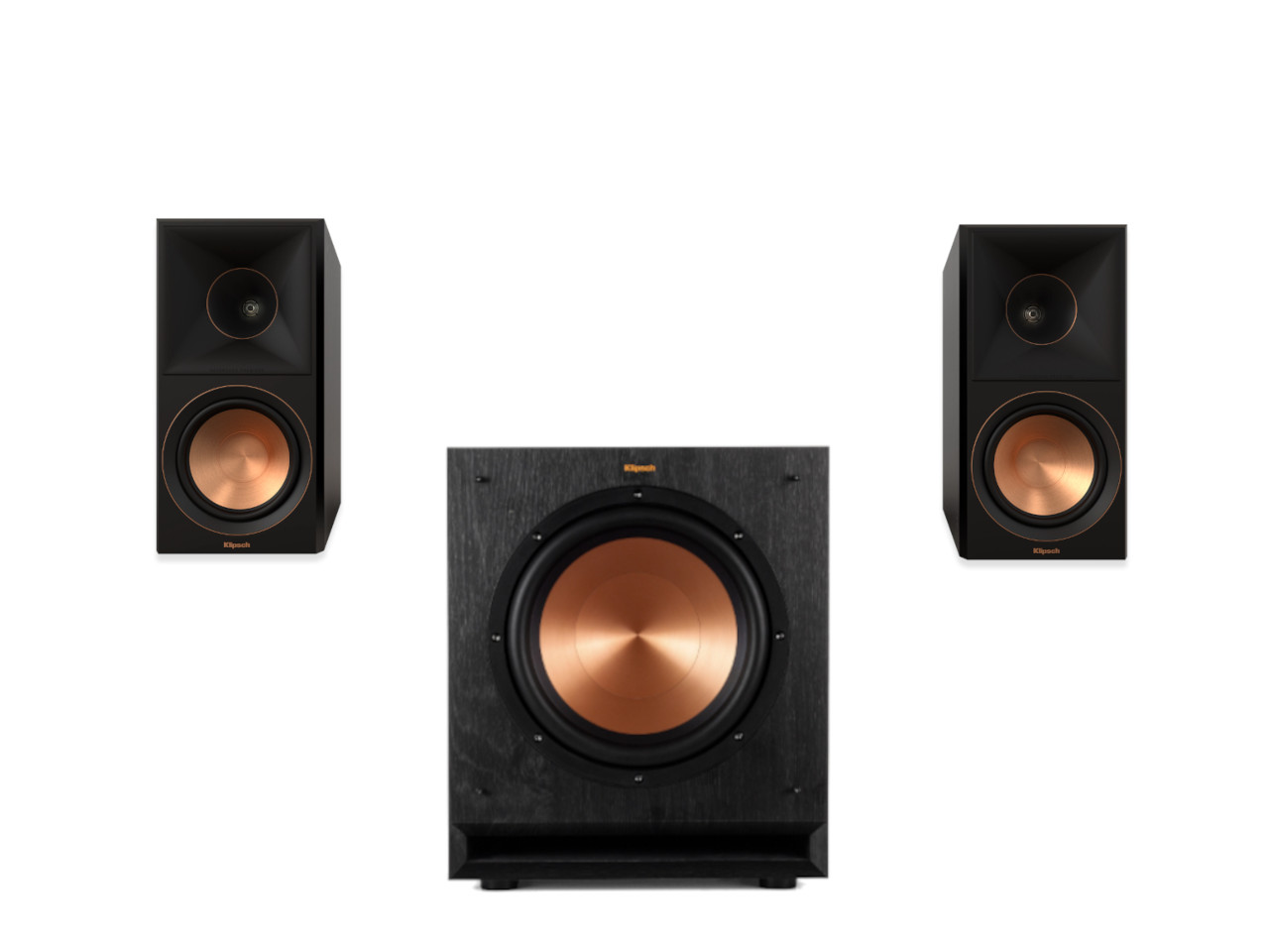 3-teiliges Lautsprechersystem, Subwoofer, Kompaktlautsprecher, Kupferkalotte, Schwarz-Holz-Optik