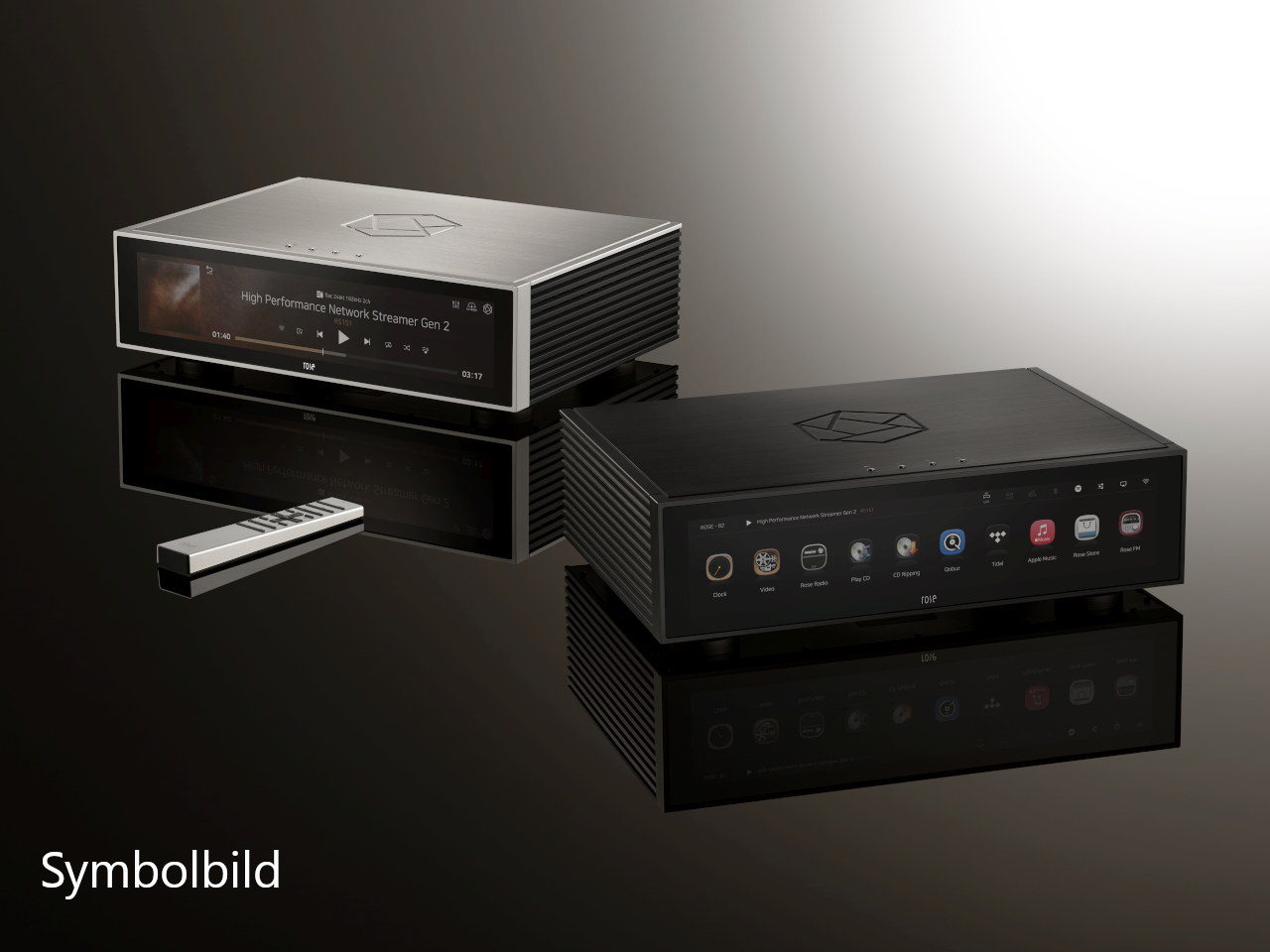 Netzwerk-Streamer, Set-Top-Box, Fernbedienung, Silbermetall, dunkle Gehäuse