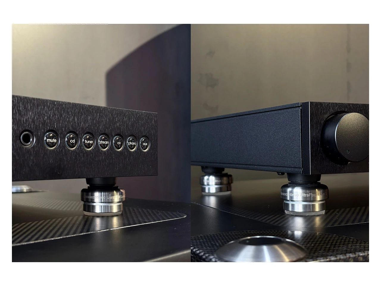 stereo amplifier, audio equipment, knobs, metal finish, footing pads