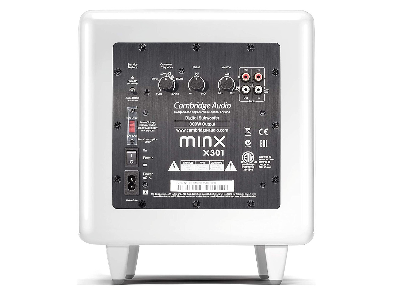 Subwoofer, 3x Lautsprecher, Weißes Gehäuse, Rückseite, RCA-Eingänge