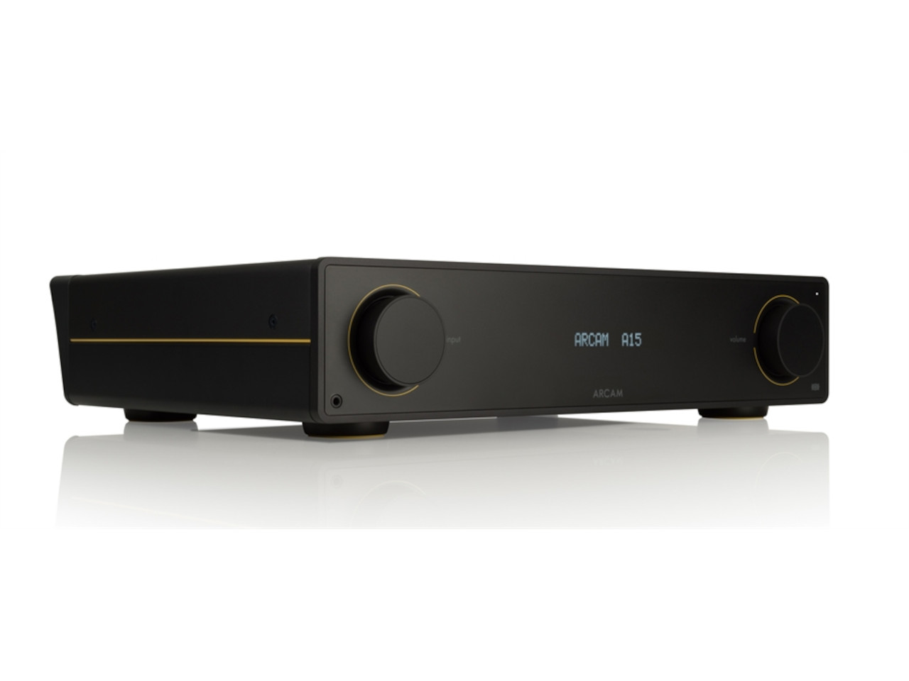 Stereo Receiver, Schwarz Metall, digitale Anzeige, Goldene Akzente, Drehknopf-Steuerung
