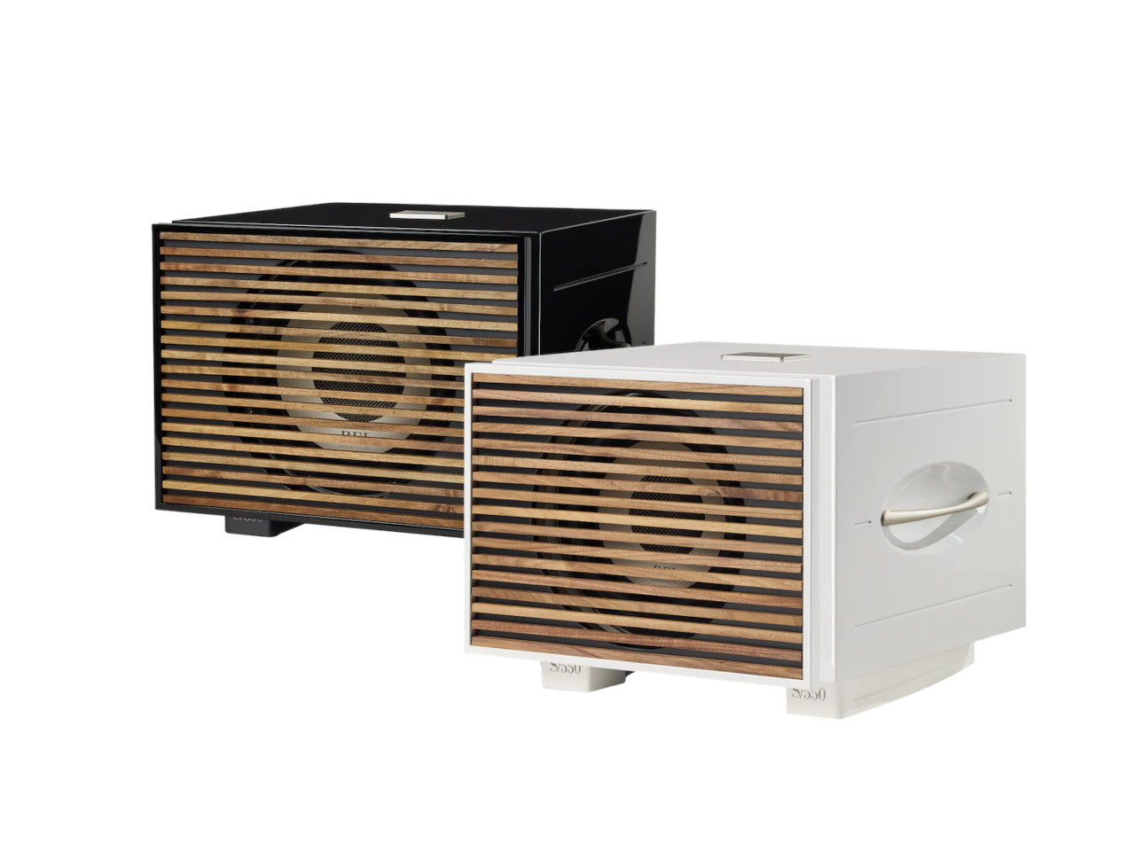 Lautsprecher, Lautsprecher, Holz-Lamellengitter, schwarner/weißer Kasten, tragbar