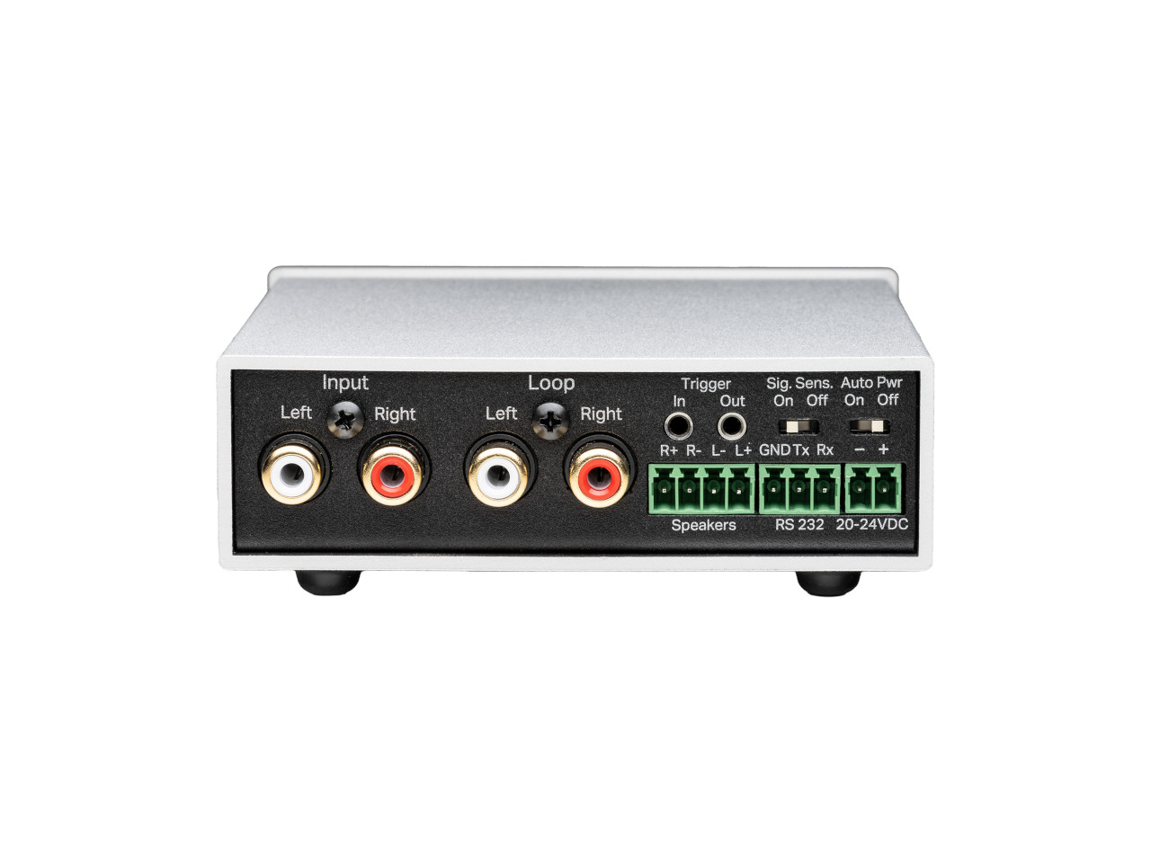 av empfänger, audio schnittstelle, RCA anschlüsse, Schleifen-Ausgang, RS-232, DC-spannung, Lautsprecher anschlüsse, Metallgehäuse