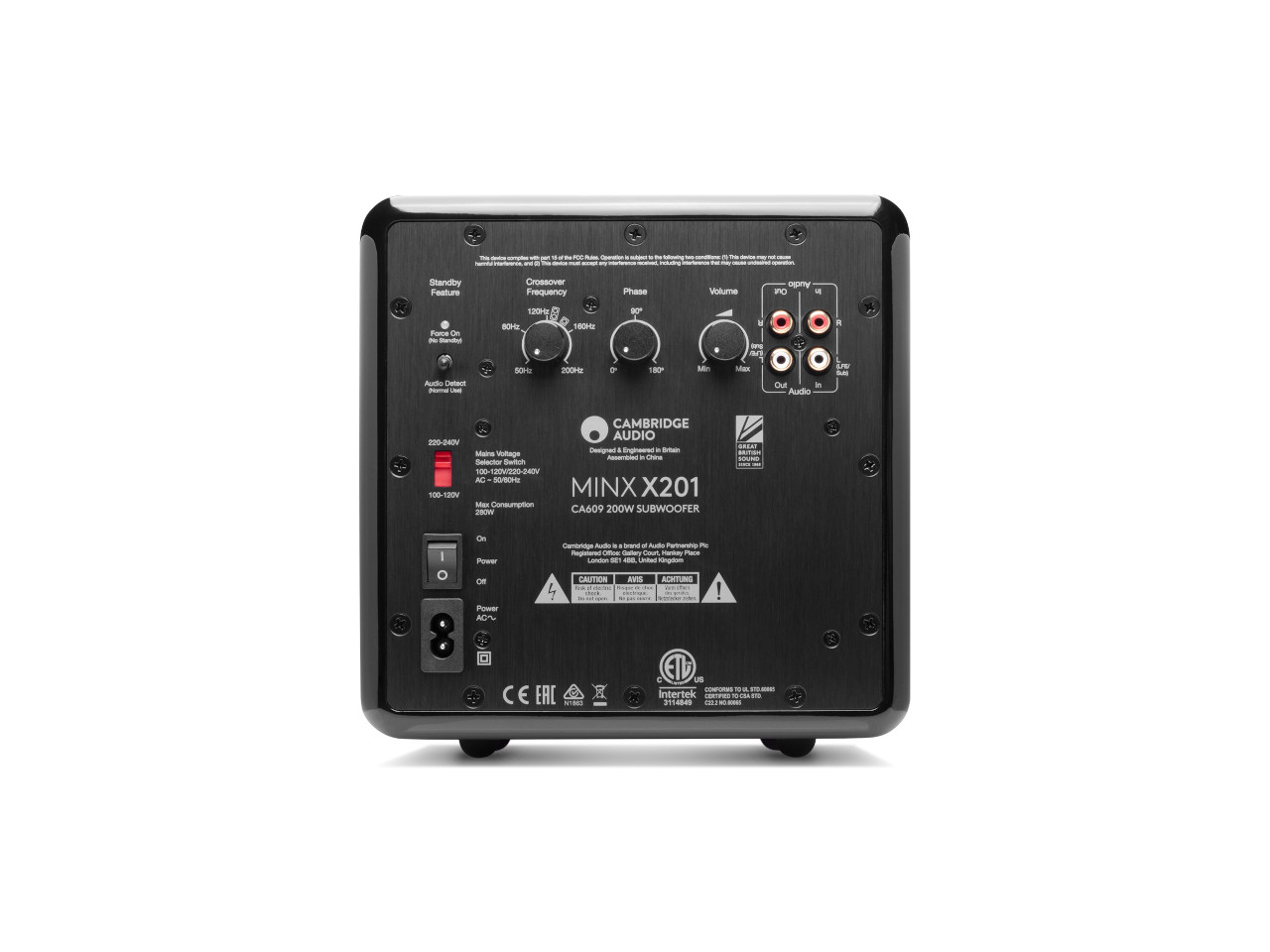 Subwoofer, Rückseite Verstärkerpanel, Schwarz Metall, RCA Eingänge, Bedienung Knöpfe