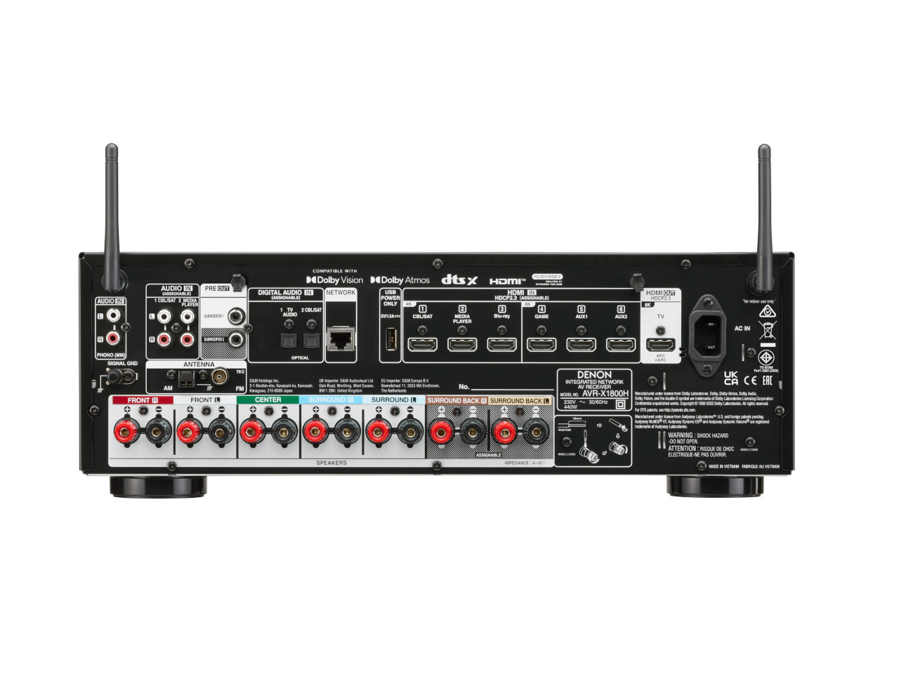 av-empfänger, rückseite, hdmi-anschlüsse, lautsprecherklemmen, antenne, netzwerk-port