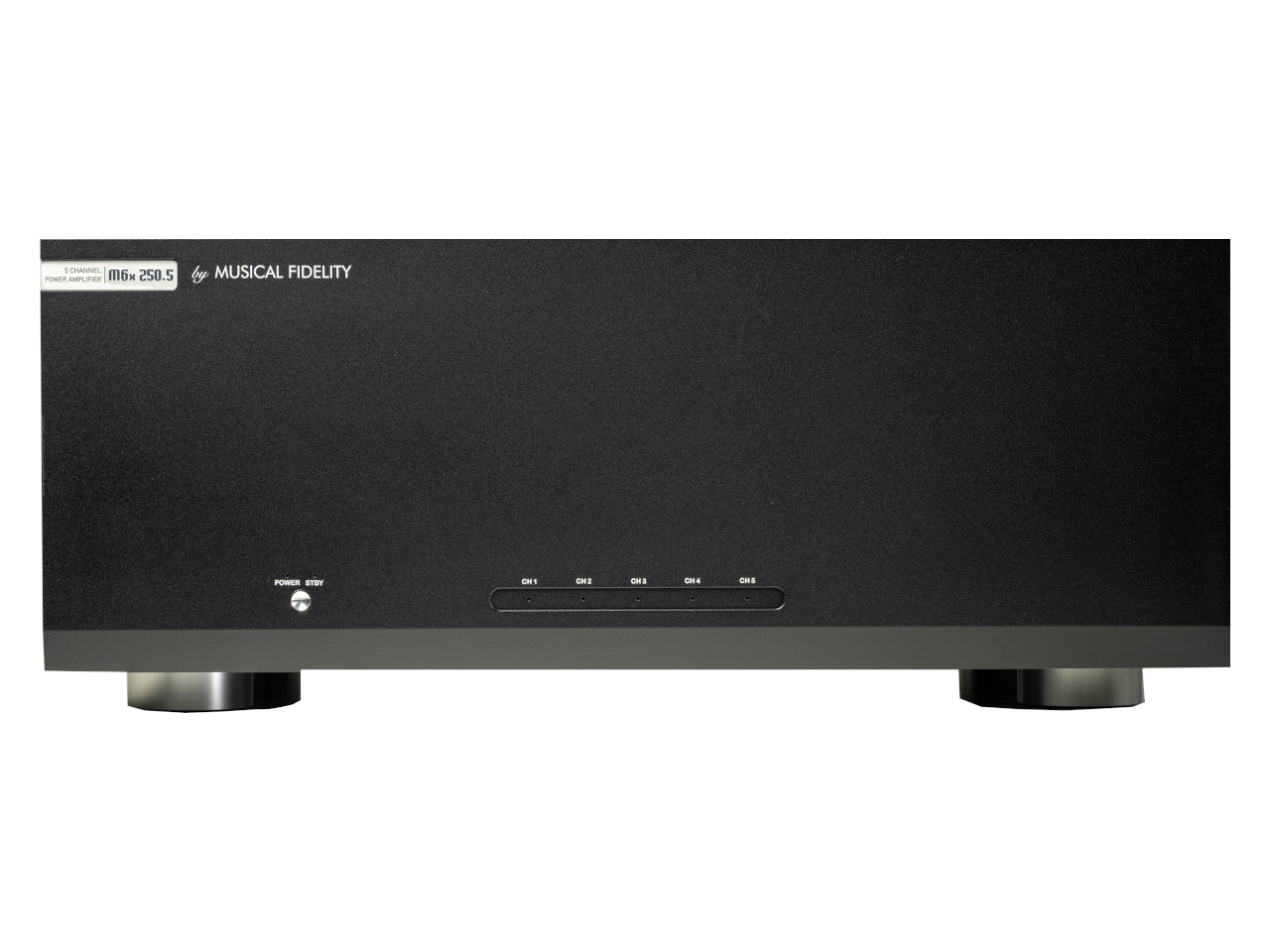 hi-fi Verstärker, Heimkino-Audio, schwarzes Metallgehäuse, Kanalanzeigen, Netzschalter