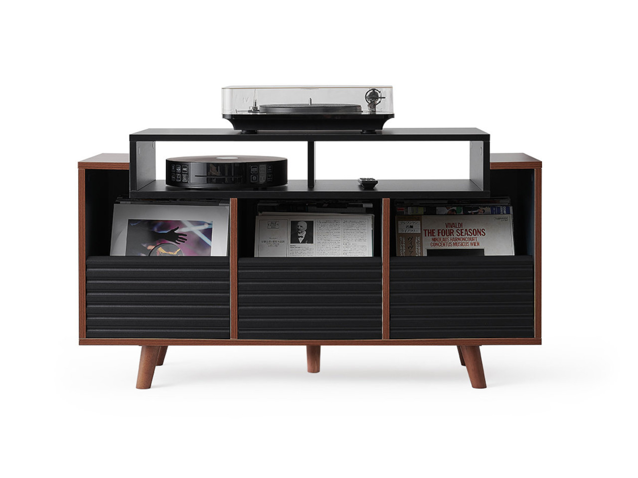 Hi-Fi-Schranke, Vinyl-Speicher, Mid-Century, Holz Veneer, Schwarze Schubladen