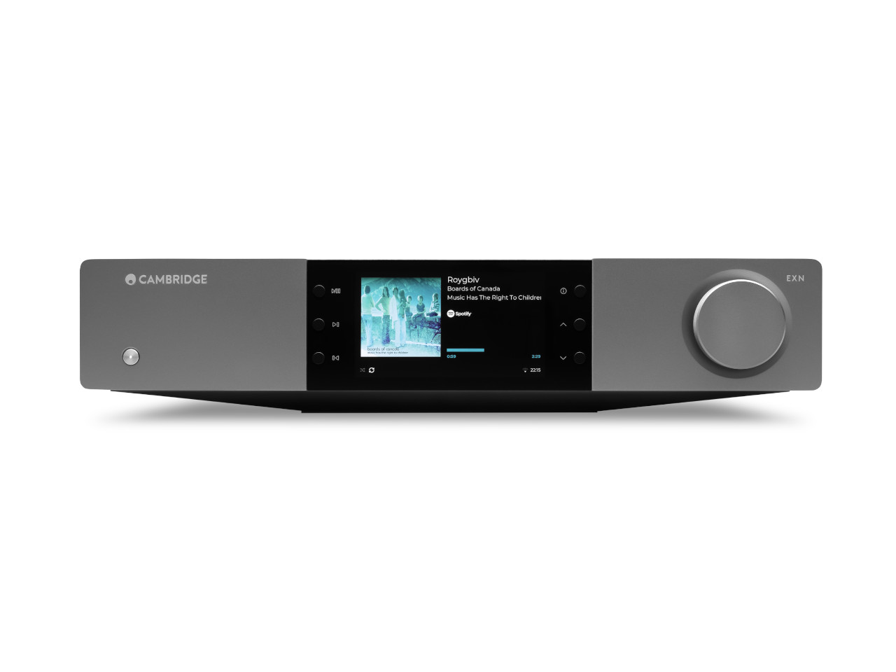 stereo receiver, display screen, großer lautstärkeregler, grau, Cambridge