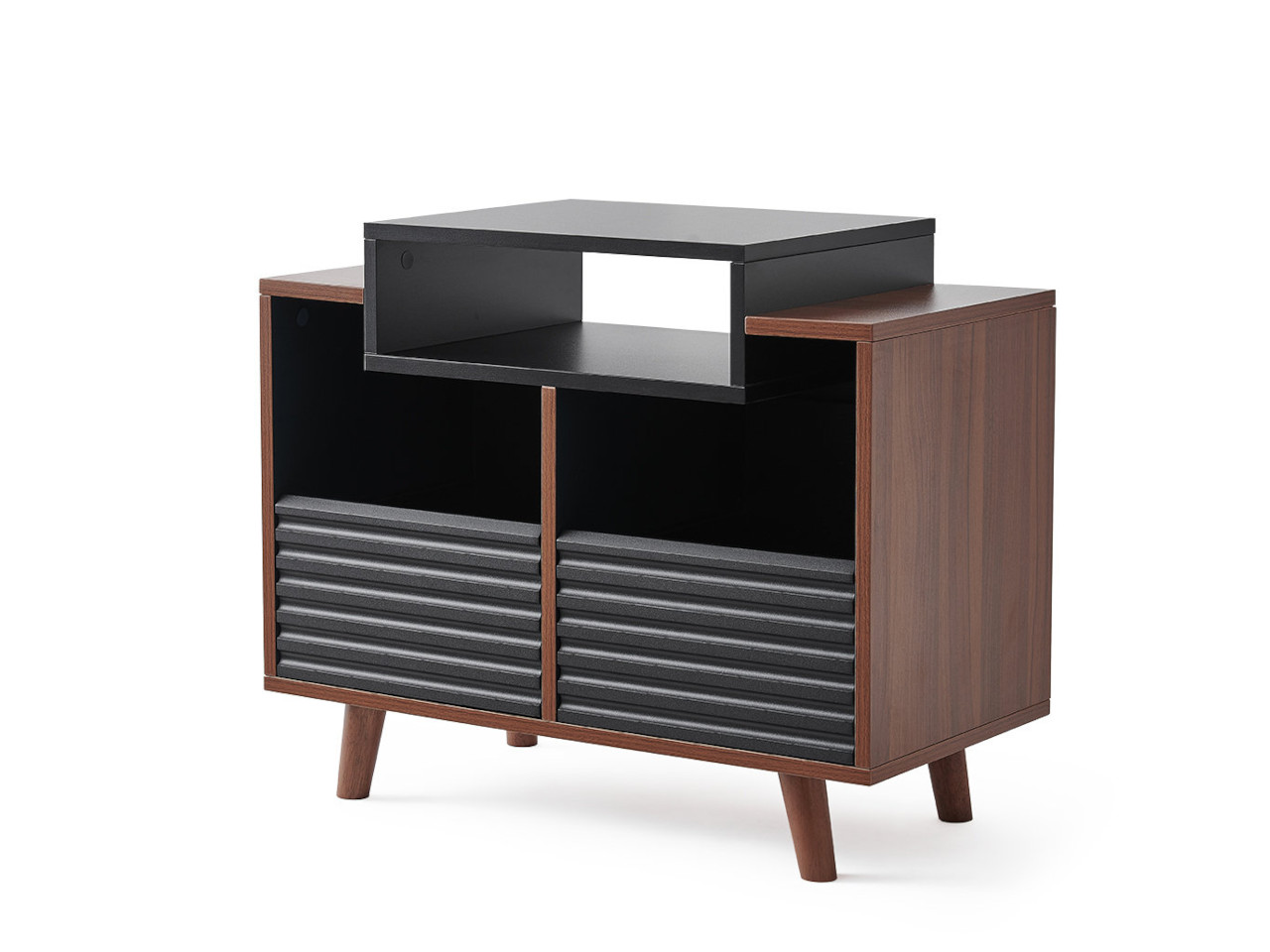 Middleton cabinet, holzschrank, schwarz/metall Akzente, Lamelleneinsätze, Mid-Century Beine