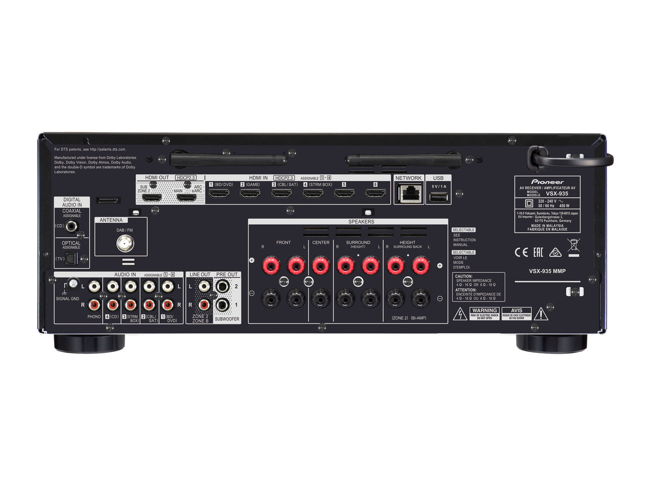 home_theater_receiver, back_panel, red_audio_rca, speaker_terminal, HDMI_ports