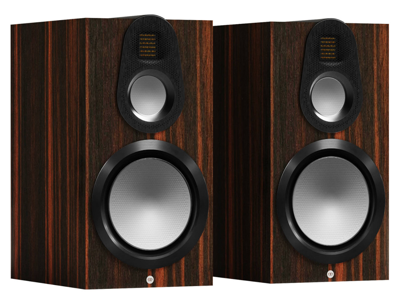 passive speaker, stereo bookshelf, wood veneer, midrange woofer, metallic grill