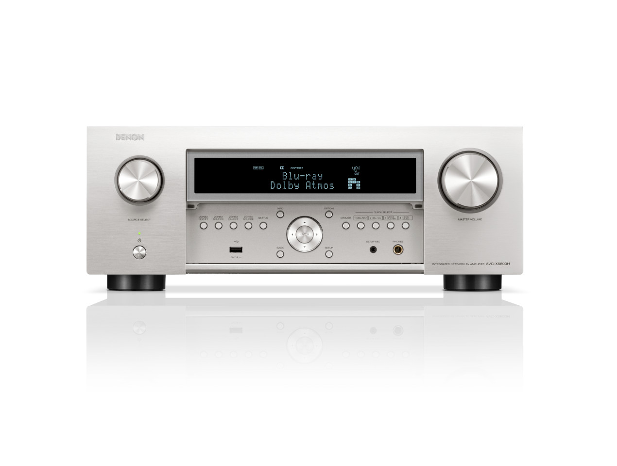 stereoempfänger, audiophil verstärker, silbermetall, digitales display, blu-ray dolby atmos