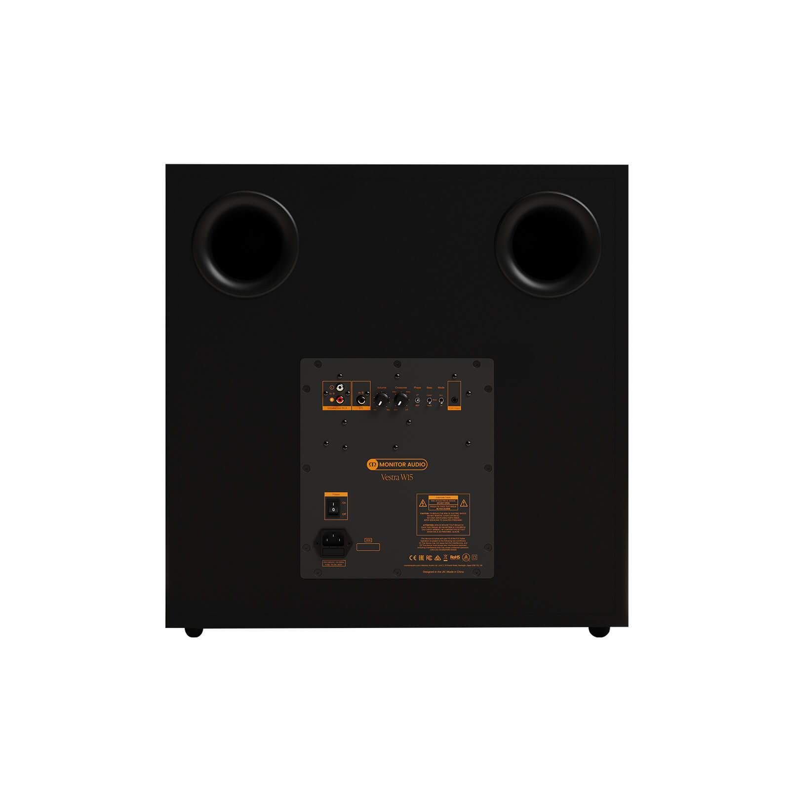 subwoofer, lautsprecher, monitor audio, schwarzer quader, rückseite panel