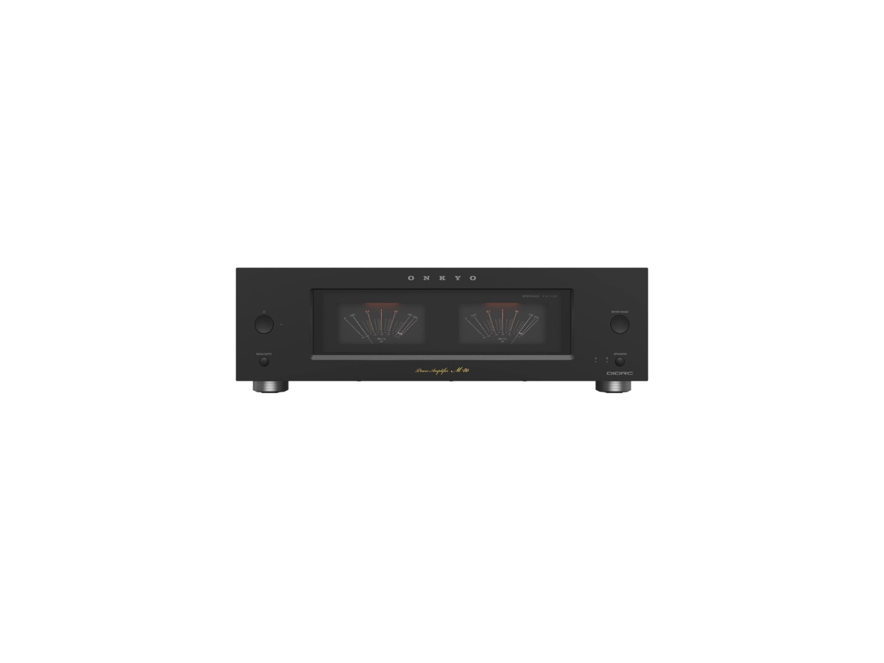 stereo Verstärker, Audio-Verstärker, zwei VU-Meter, schwarzes Gehäuse, Bedienelemente