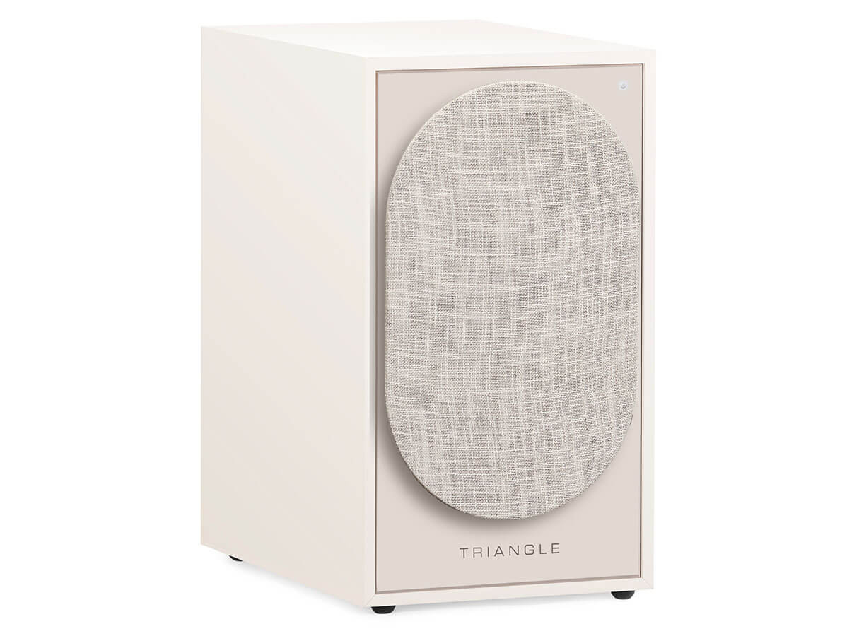 rechteckiger Boxlautsprecher, Kunststoffgehäuse, cremefarben, Filzfront, kleinser Lautsprecher-Subwoofer