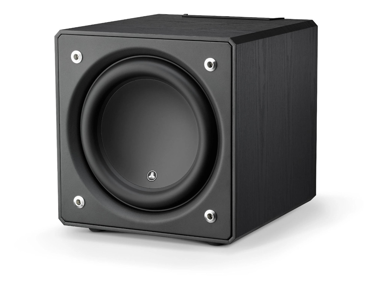 subwoofer, lautsprecher, schwarz, holzoptik, quader