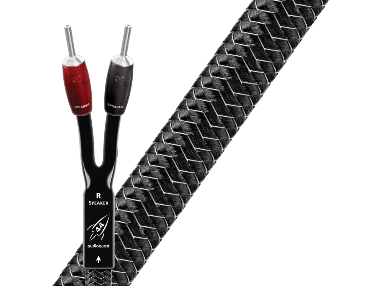 Lautsprecherkabel, Bananenstecker, Geflechtschlauch, Schwarz-Rot, Richtungsmarkierung